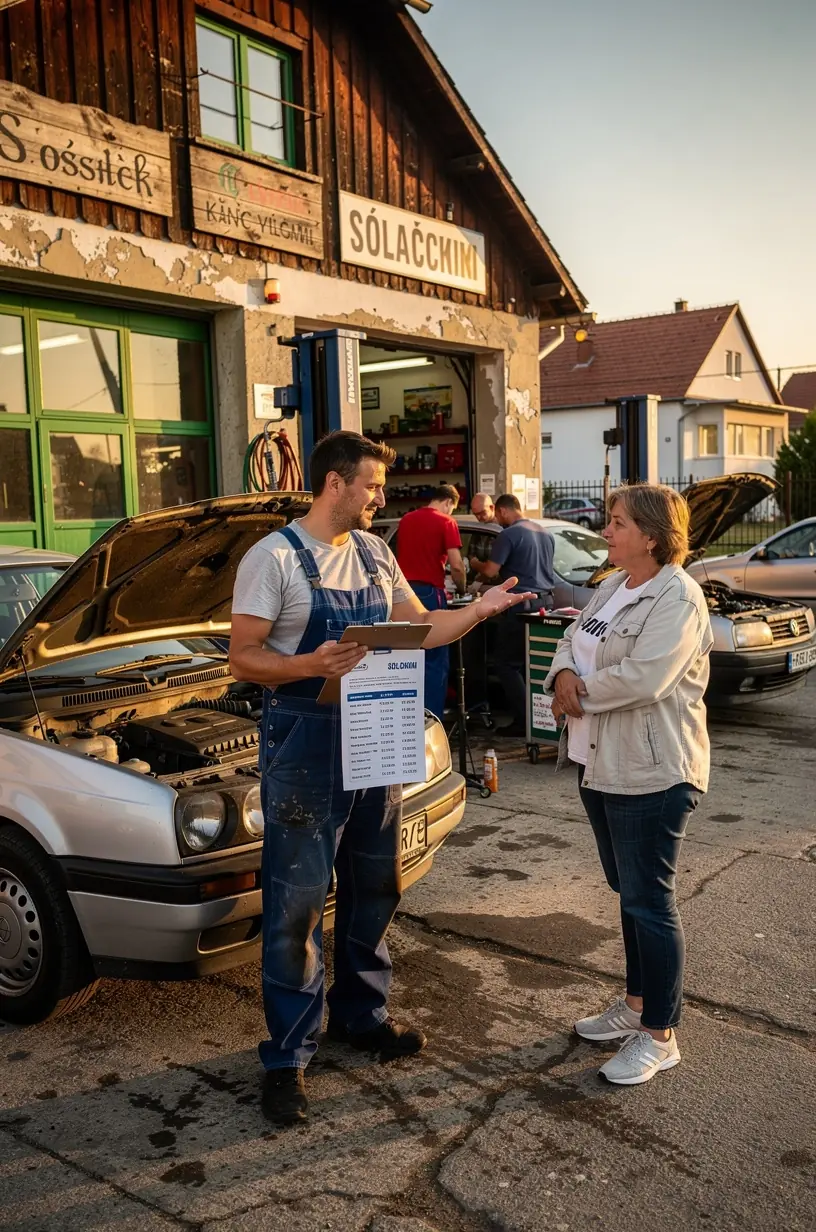 Technik v montérkach mení pneumatiky na aute starom menej ako desať rokov v modernom autoservise na Slovensku.